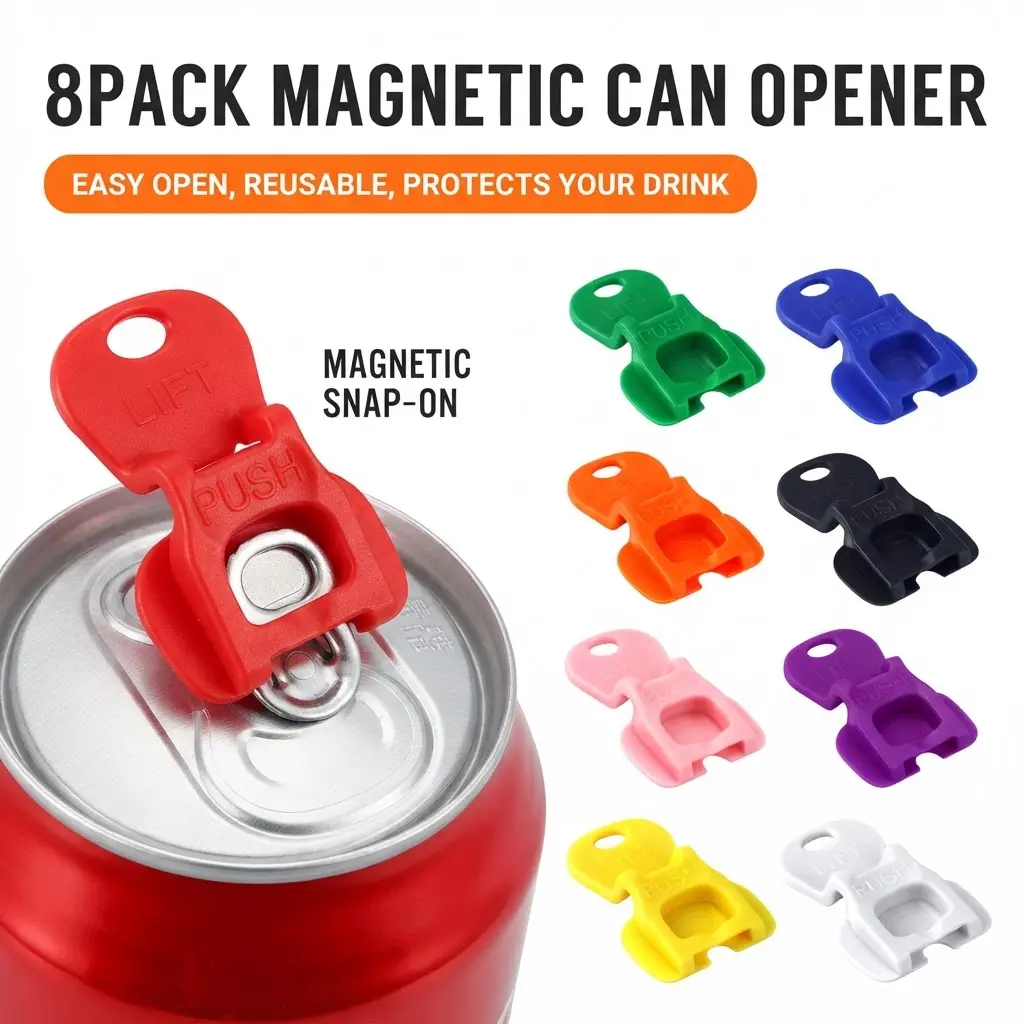 8PK Magnetic Beverage Barricade Can Protector Caps, Complete Cover Easy Tab Opener for Soda, Beer & Coke Cans, Colorful Drink Covers Keep Out Bugs, Bees & Dust for Party, BBQ, Beach & Outdoor Use