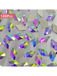 100pcs Sparkling AB Color Nail Gems - Multi-Faceted Diamond Shape, Flat Back Glass Rhinestones for DIY & Salon Nail Art