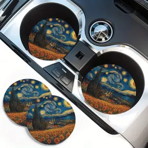 2-Pack Van Gogh Starry Night & Sunflower Coasters - Non-Slip Car Cup Holders, Absorbent Vehicle Coasters with Van Gogh Starry Night & Sunflower Design, Car Interior Decoration, Car Accessories