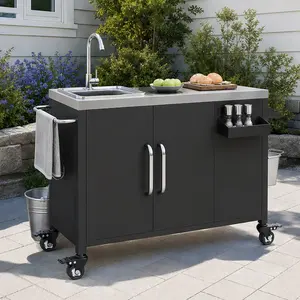 ARCH 55.5" Outdoor Kitchen Island with Sink, Metal Grill Cart Table with 304 Stainless Steel Sink, Outdoor Bar Cart Sink Station with 4 Lockable Wheels for Pizza Prep & BBQ, L 55.5" x W 20" H 36.7", Black Color Options, Metal/Stainless Steel Material