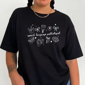 Plus Size SLP Shirt Speech Language Pathologist Tee Women Cute Coquette Bow Graphic Speech Therapist Relaxed Fit Graduation Gift Comfy Top S-6XL
