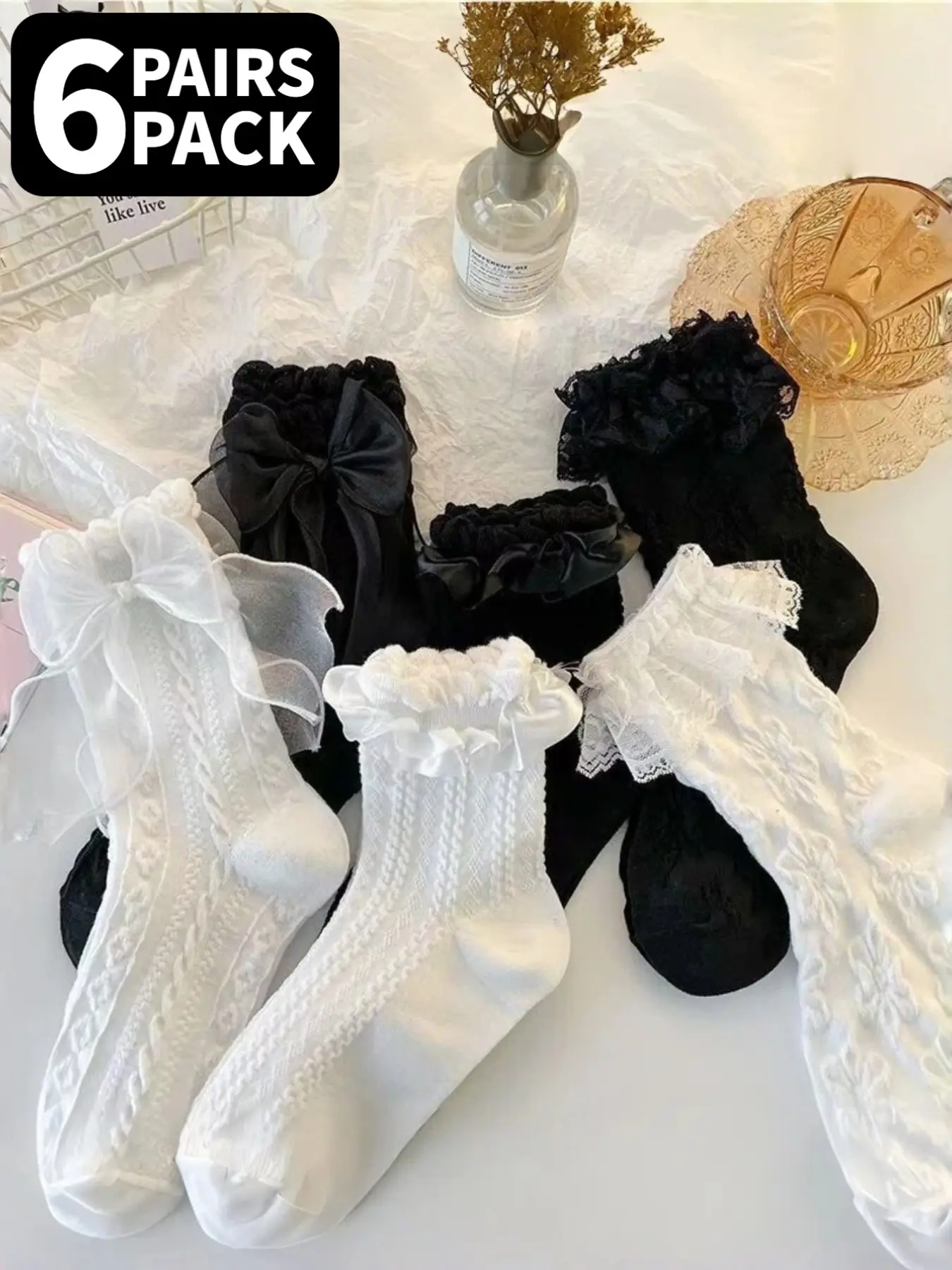 6 Pairs of Black and White Lace-Trimmed Women's Knee-High Socks, Socks Set, Sock Sets, High Elastic Fit Socks, Black and white lace trim design with embossed pattern High-stretch cuff Breathable and sweat-wicking Lolita style Everyday wear, all seasons