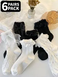 6 Pairs of Black and White Lace-Trimmed Women's Knee-High Socks, High Elastic Socks, Black and white lace trim design with embossed pattern High-stretch cuff Breathable and sweat-wicking Lolita style Everyday wear, all seasons