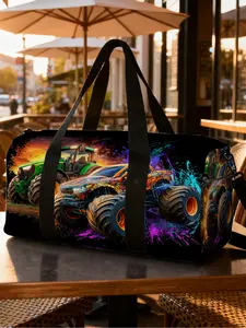 (2D Flat Printing) 1pc Colorful Monster Trucks Travel bag Outdoor Luggage Storage Bag, Travel Essentials Bag, Top Handle, Machine Washable Luggage Organizer, Durable Travel Gear, Suitable for Business Trips, Large Capacity