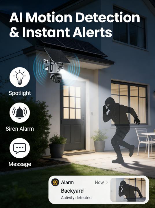 NiSee Triple-Lens Linkage Solar-Powered 4G Security Camera,10x Zoom,2K HD 360° View Pan,AI Motion Detection,Two-Way Audio,Color Night Vision,Waterproof,Outdoor Security Cctv Lens