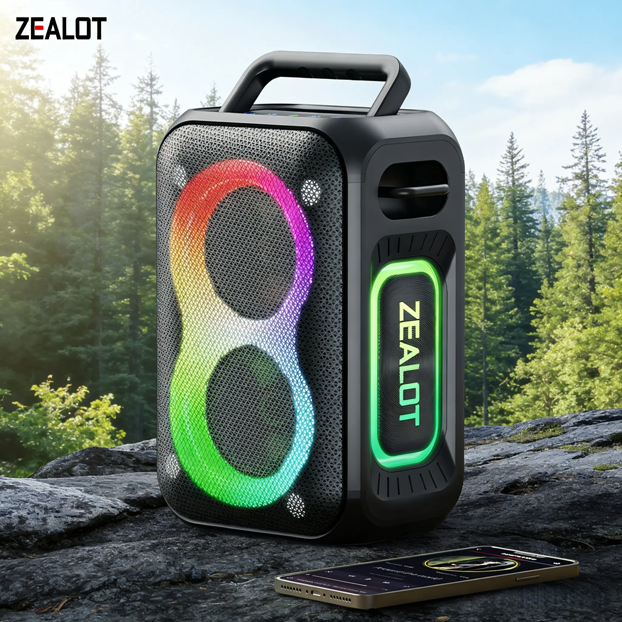 60W ZEALOT Bluetooth Speaker, HD Hifi Stereo, IPX6 Waterproof, RGB Lights, EQ Settings & Dual Carry, Ideal for Beach, Camping & Gift Giving to Music Fans.