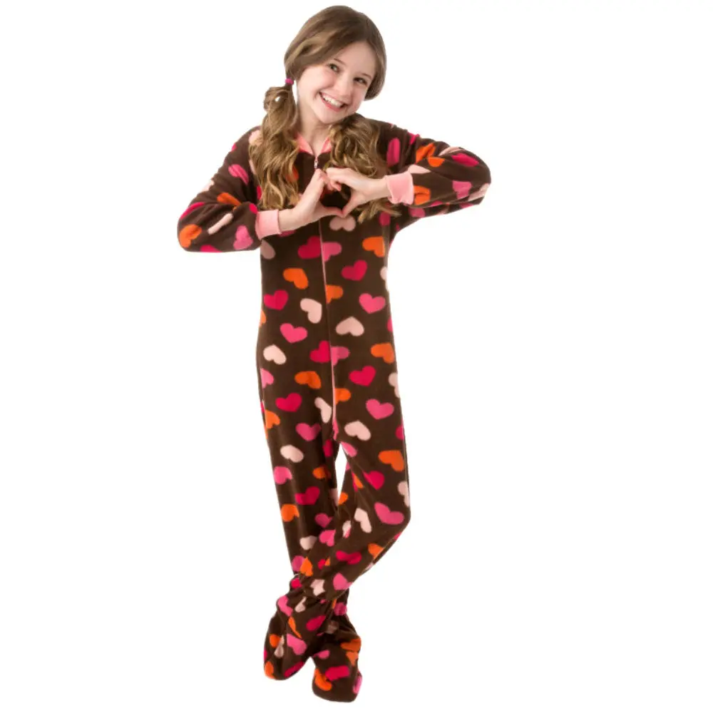 Girls Chocolate Brown with Hearts Fleece Onesie Footed Pajamas for Kids Soft
