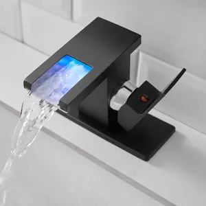 Black LED Waterfall Bathroom Sink Faucet, Single Handle 1 Hole Deck Mounted Vanity Basin Faucet with Glass Spout, 3 Color Temperature Changing Hot & Cold Water Mixer Faucet