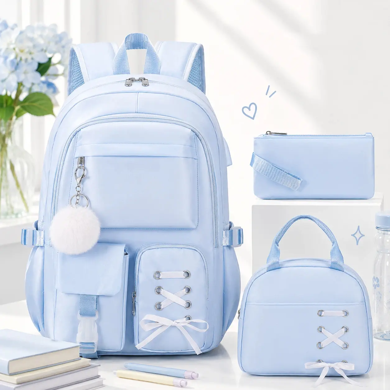 SIMILOVE Ribbon Gradient School Backpack with Laptop Compartment - Personal Item and Food Bag & Zip Pouch/Tote Bag for Women Teens School College Student Hiking, Bookbag Daypack Laptop Travel Backpack for Women, Waterproof, Lightweight,Organiser