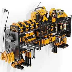 Power Tool Organizer with Charging Station,45.6Inch Upgrade Power Tool Holder Storage Rack,6 Drill Holders ,Heavy Duty Garage Tool Organizer Wall Mount with Screwdriver/6.5FT Power Strip