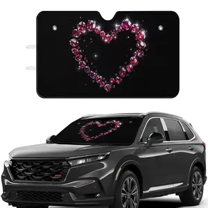 Car Sunshade Black Heart With Pink Gems Pattern | Aluminum Material, Universally Applicable for Car Windshield Protection
