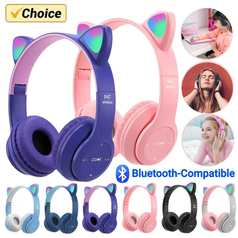 Choice P47M Wireless Earbuds Headset - Grey In-Earheadphones with Silica Gel Tips, Leather ABS Electronic Earphones, LED Flashlight, Cat Ears, Bluetooth Compatibility for Party Gifts