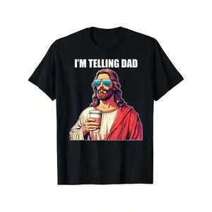 I'm Telling Dad Shirt Funny Religious Christian Jesus Meme T-Shirt Oversized Short Sleeve Classic Heavy Cotton T Shirt Printed Graphic Tee Women's Casual Short-Sleeved Top -Versatile Basic T-Shirts Fit Womenswear Cute Black Summer Streetwear Shortsleeve