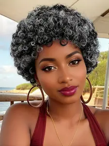 Short Curly Salt and Pepper Human Hair Wig for Women, Remy Human Hair, full Machine Made Afro Kinky Curly Wig, Natural Black with Gray Highlights, Full Coverage Pixie Cut, Daily Wear