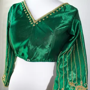 Saree Blouse Green Silk with Golden Embroidery for Indian Pakistani Nepali Wear Women's Top
