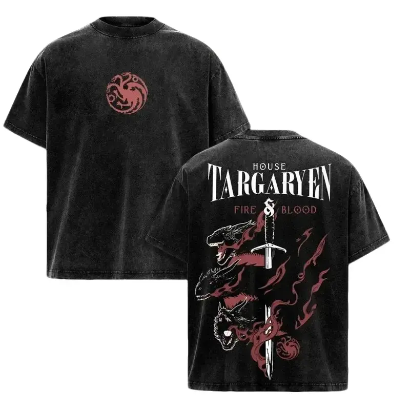 Vintage Acid Wash House Targaryen Graphic T-Shirt | Retro Fire & Blood Dragon Bootleg Tee | Targaryen Sigil Front & Three-Headed Dragon Large Back Print | Oversized Heavyweight Fantasy Streetwear Men Women Y2K Apparel U8A