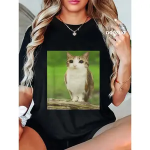 100% Cotton Cat Owl Funny Cursed Internet Trendy Meme T-Shirt
