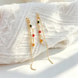 Long Gold Chain Pearl Drop Earrings, Dainty Multicolor Tourmaline Threader Earrings, Hypoallergenic Dangling Jewelry for Women