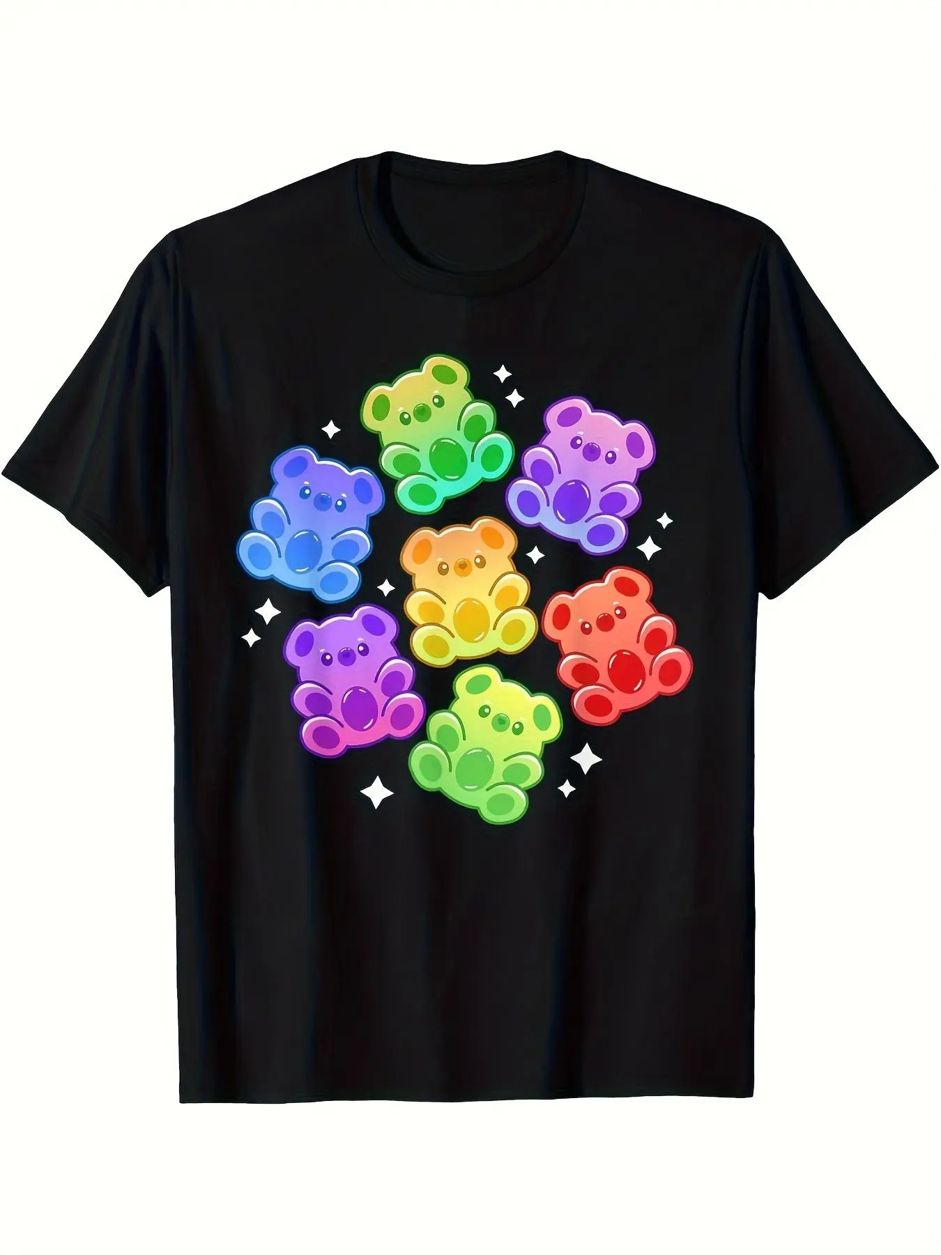 Kawaii Rainbow Gummy Bear T-Shirt for Men - Pure Cotton Cute Retro Graphic Tee with Gummy Bear Print, Unisex Casual Summer T-Shirt