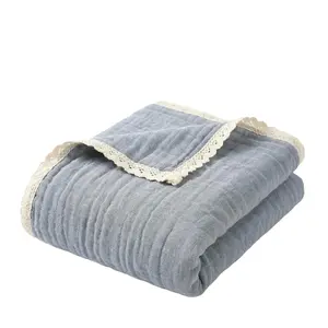 1pcs Baby Six-Layer Fringe Edge Solid Color Muslin Blanket, Breathable Soft, Infant Wrap, Stroller Wind Cover, Baby Swaddle, Hospital Pack