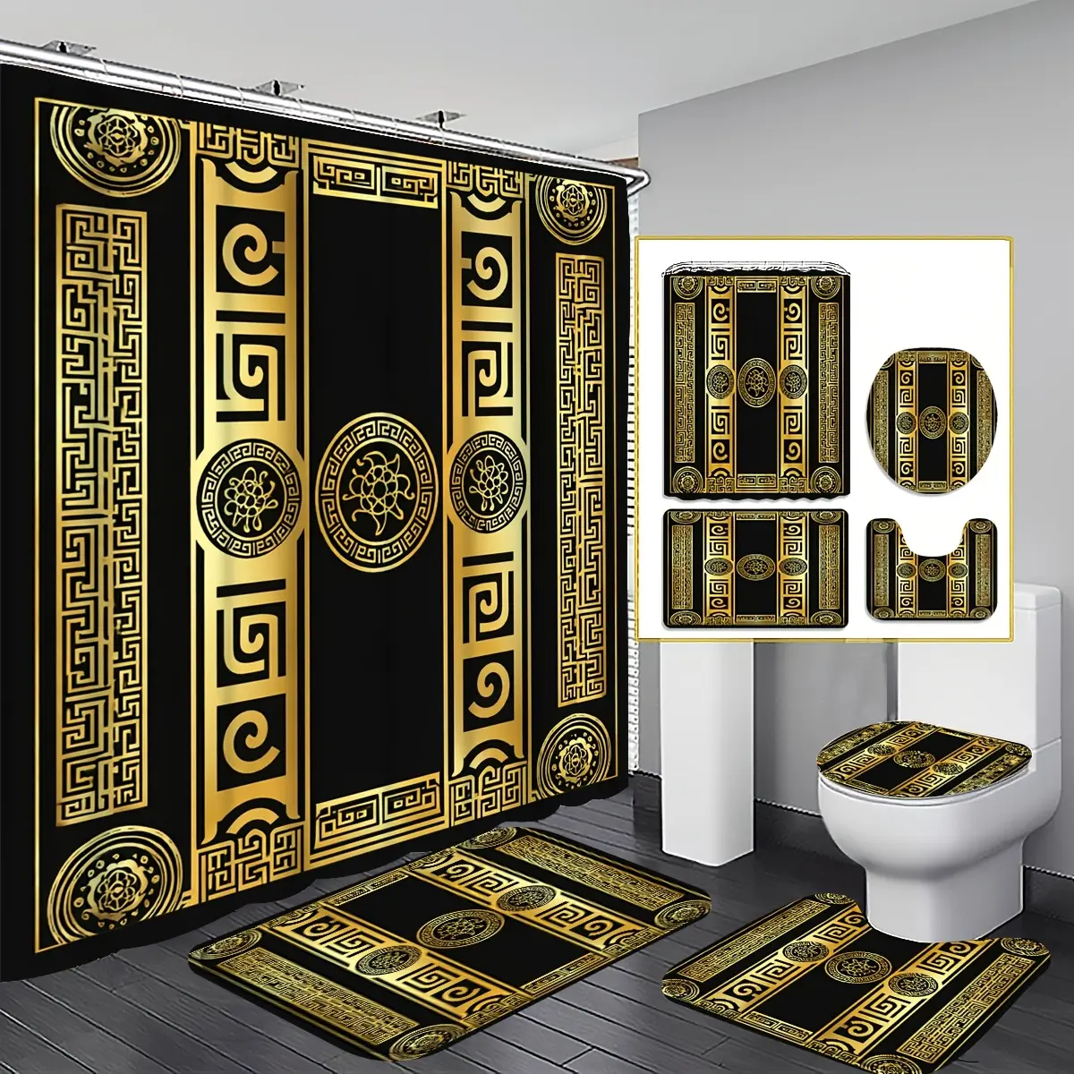 2D Flat 4PCS Luxury Golden Geometric Pattern Shower Curtain Set, Black and Golden Ornamental Border Bathroom Decor, Accessories with Bath Mat, U-shaped Mat, Toilet Lid Cover, Shower Curtain Includes Hooks, Home Decor, Bathroom Accessories,family,farmhouse