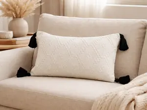 Ivory Textured Accent Filled Pillow with Bold Black Tassels - 12"X20"