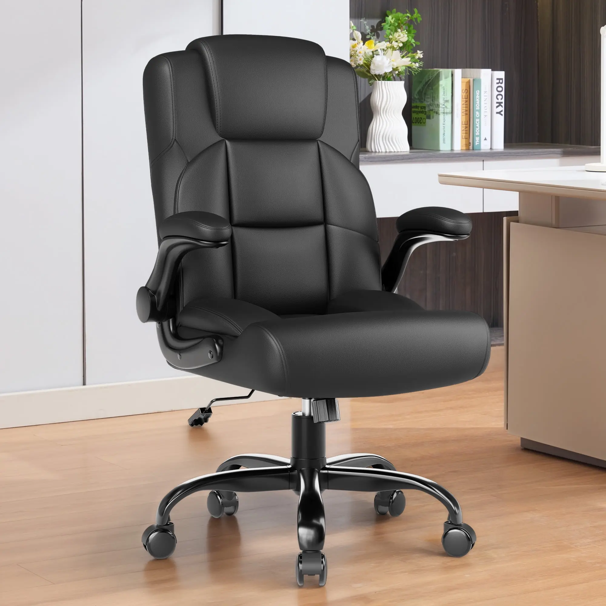 Leather Office Chair, Big and Tall Office Chair 400LBS Wide Seat Ergonomic Computer Desk Chair High Back Executive Leather Chair Adjustable Task Chair Lumbar Back with 1-Year Warranty, Black