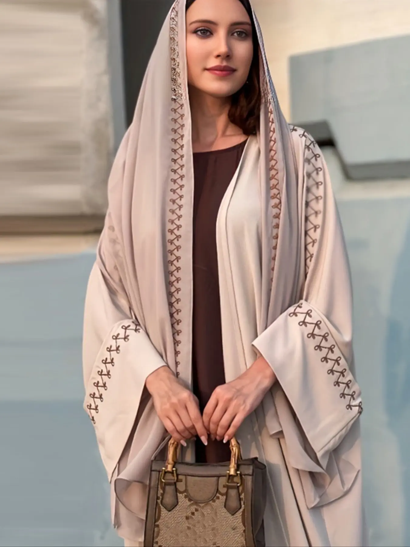 Women's Embroidered Abaya Hijab Set, Loose Abayas, Batwing Sleeves, Elegant Party Wear, Long Loose Fit, Fall & Winter Fashion, Abaya With Hijab, Muslim Clothing
