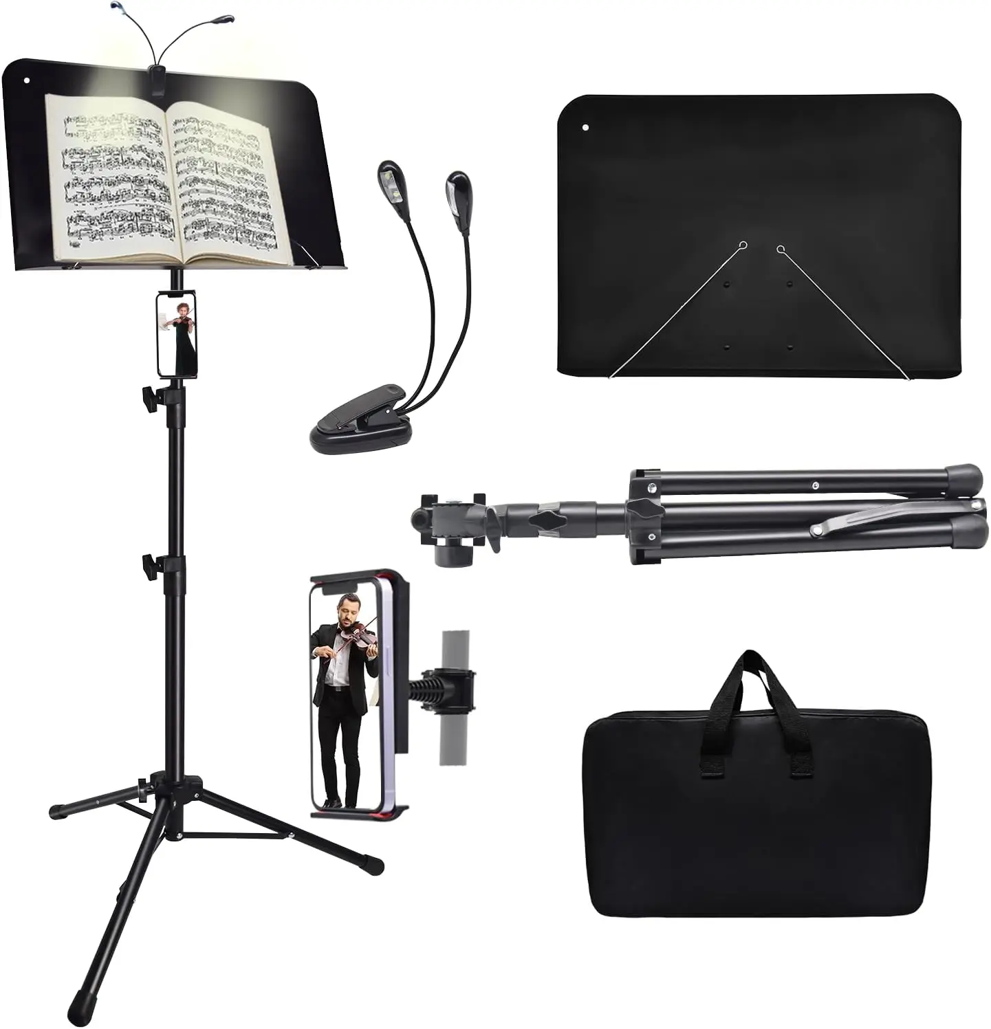 Music Stand with Light & Phone Holder 57" Portable High Stability Height Adjustable with Carrying Bag 33-57inch Plate Without Hole