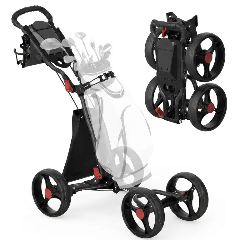 4-Wheel Golf Push Cart, 1-Click Folding, 300 lbs Load Capacity, Large Storage with Cup Holder, Cooler Bag, 10" Durable Wheels with Brake for All-Terrain, CruiseMaster V8 Golf Cart