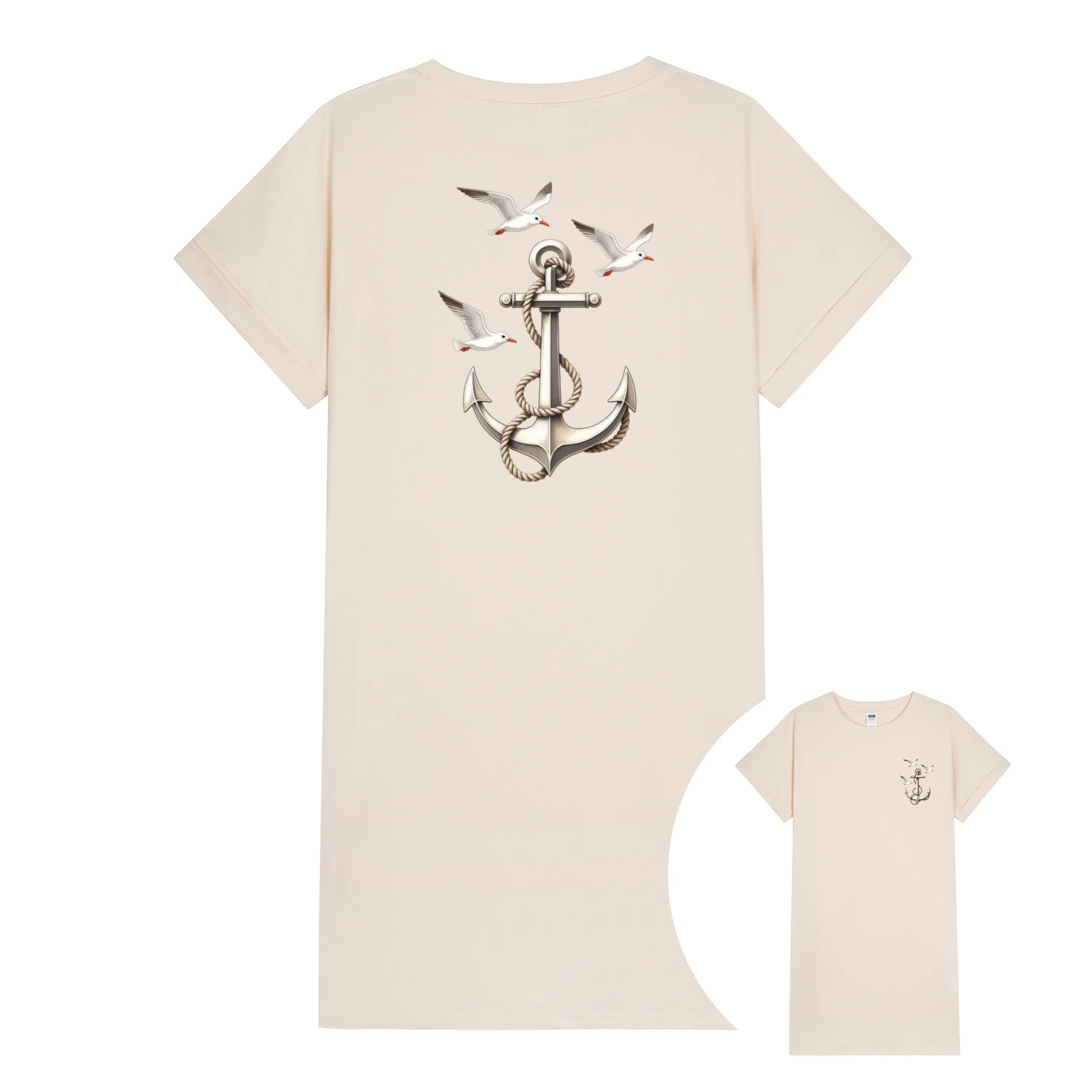 Women's Nautical T-Shirt Dress with Ship Anchor & Seagulls Print – Lightweight, Relaxed Fit, Perfect Summer Coastal Outfit and Vacation Wear Casual Day