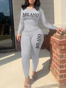 MILANO Women's Letter Print Two-Piece Set, Casual Long Sleeve Top & Pants, Fall Winter Fashion, Comfortable Daily Wear, Must-Have Seasonal Item