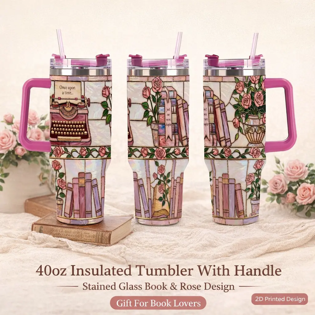 1pc Stained Glass Book Lover 40 oz Tumbler with Handle  - 2D Flat Print Vintage Typewriter & Pink Roses Stainless Steel Insulated Travel Mug, Cute Librarian & Reader Gift for Women, Romantic Bookish Gift for Writers, Readers, Teachers