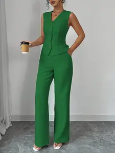 Women's Green Sleeveless Suit Set – Elegant High-Waist Wide-Leg Pants Outfit for Work & Daily Wear, Chic Blazer-Style Vest, Breathable Polyester Fabric