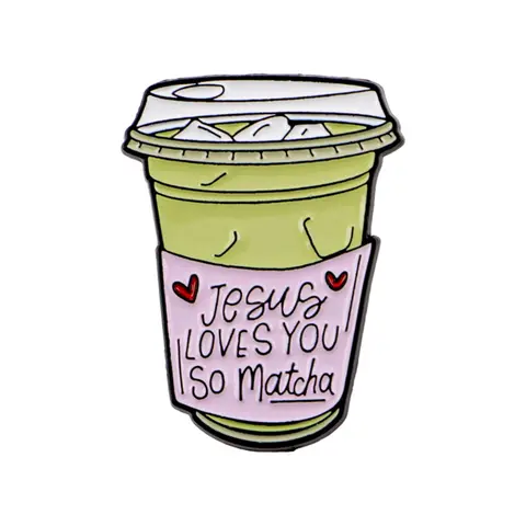 "Jeus love you so matcha" Cartoon Drink Badge Brooch, Lapel Brooch, Simple Zinc Alloy Pin, Letter Brooch Pin, Women&Men Fashion Accessory, Perfect Gift for Friends & Colleagues, Hearts, Flower Brooch Pin, Lapel Pins