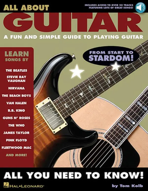Used Guitar Instruction Book - All About Guitar: Fun & Simple Guide with CD (50+ Tracks), Online Audio, Readable Songs (Sultans of Swing, Come As You Are, Smells Like Teen Spirit, Dust in the Wind) by Tom Kolb (English Paperback)