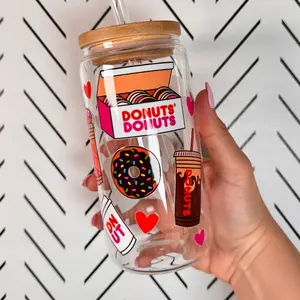 Donut Coffee Glass Cup With Glass Straw and Bamboo Lid, Glass Tumbler