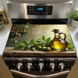 1 heat-resistant rubber electric stove cover - olive oil bottle and fresh herbal fruit design, ceramic dish drain pad, kitchen countertop protection pad, oven cover, stove sink absorbent pad, Stove plate