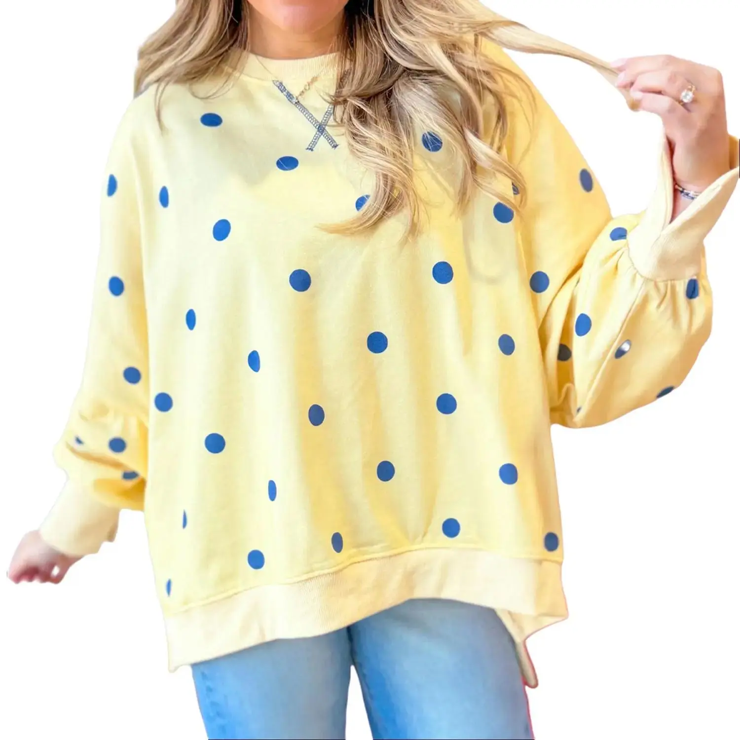 Oversize Womens Loose fit Long Sleeve Oversized Polka Dot Top Sweatshirt