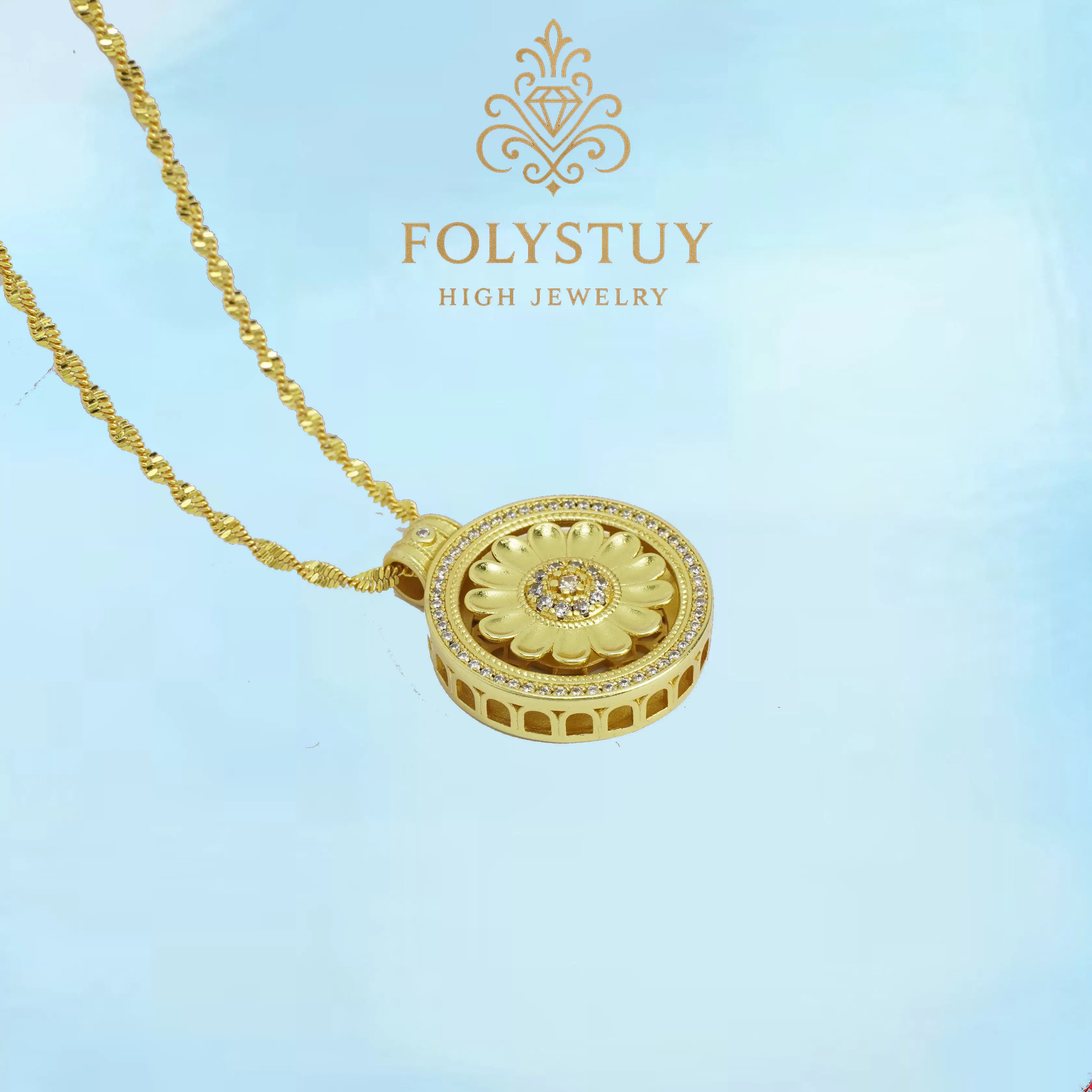 Length: 17.7 inches; Width: 2.3mm [FOLYSTUY (Y155)]Rotatable Sunflower Pendant Necklace, Spinning Flower Round Charm Twisted Rope Chain, Dainty Floral Jewelry for Women, Everyday Wear Gift
