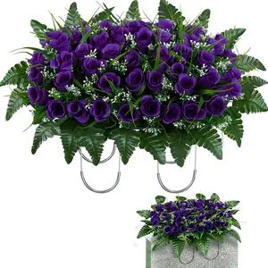 Artificial Cemetery Tombstone Flowers Saddle, Grave Memorial Flowers Saddle for Headstone, Cemetery Decoration (Purple)