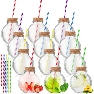 24 Pcs 10oz Plastic Patron Bottles Empty for Drinks Mini Plastic Fish Bowl Ornament Cups Spherical Potion Bottle with Cork and Straws Bulb Cups for Carnival Party Theme Decorations(Multicolor)