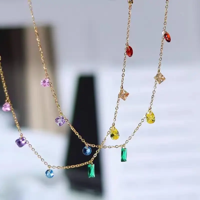 Bohemia Cute Colorful Crystal Pendant Necklace for Women Luxury Gold color Stainless Steel Emerald Choker Jewelry gift Colorfast