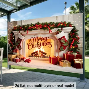 1Pcs Christmas Decoration Background Cloth, Fireplace Merry Christmas Banner, Festive Home Decor, Atmosphere Enhancer, Perfect for Christmas Party Backdrop