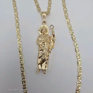 SAINT JUDE religious necklace regular style chain gold-plated 24"inches clear stone's 3"inches pendant