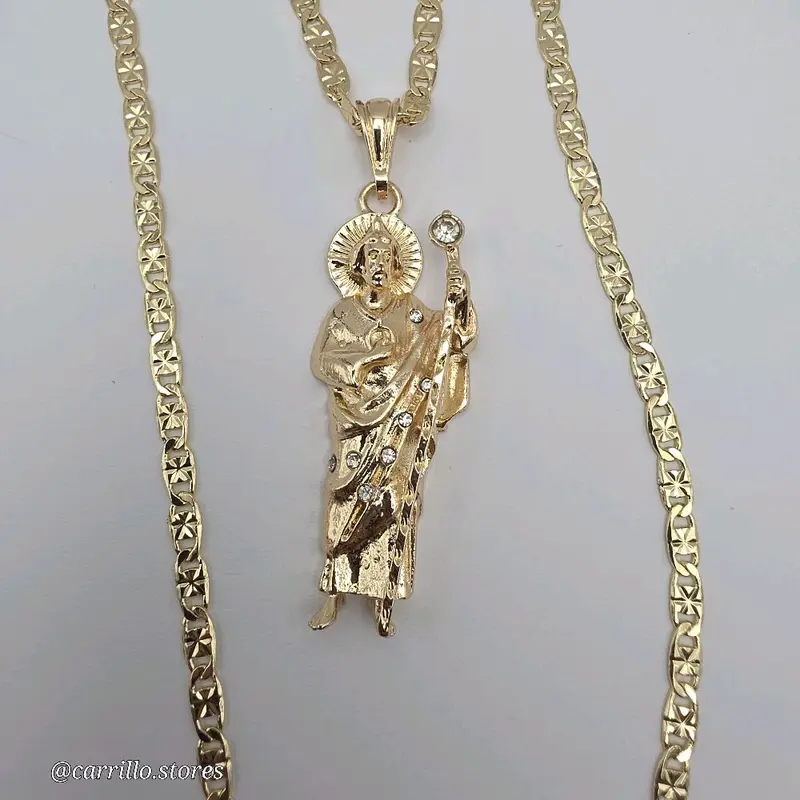 SAINT JUDE religious necklace regular style chain gold-plated 24"inches clear stone's 3"inches pendant
