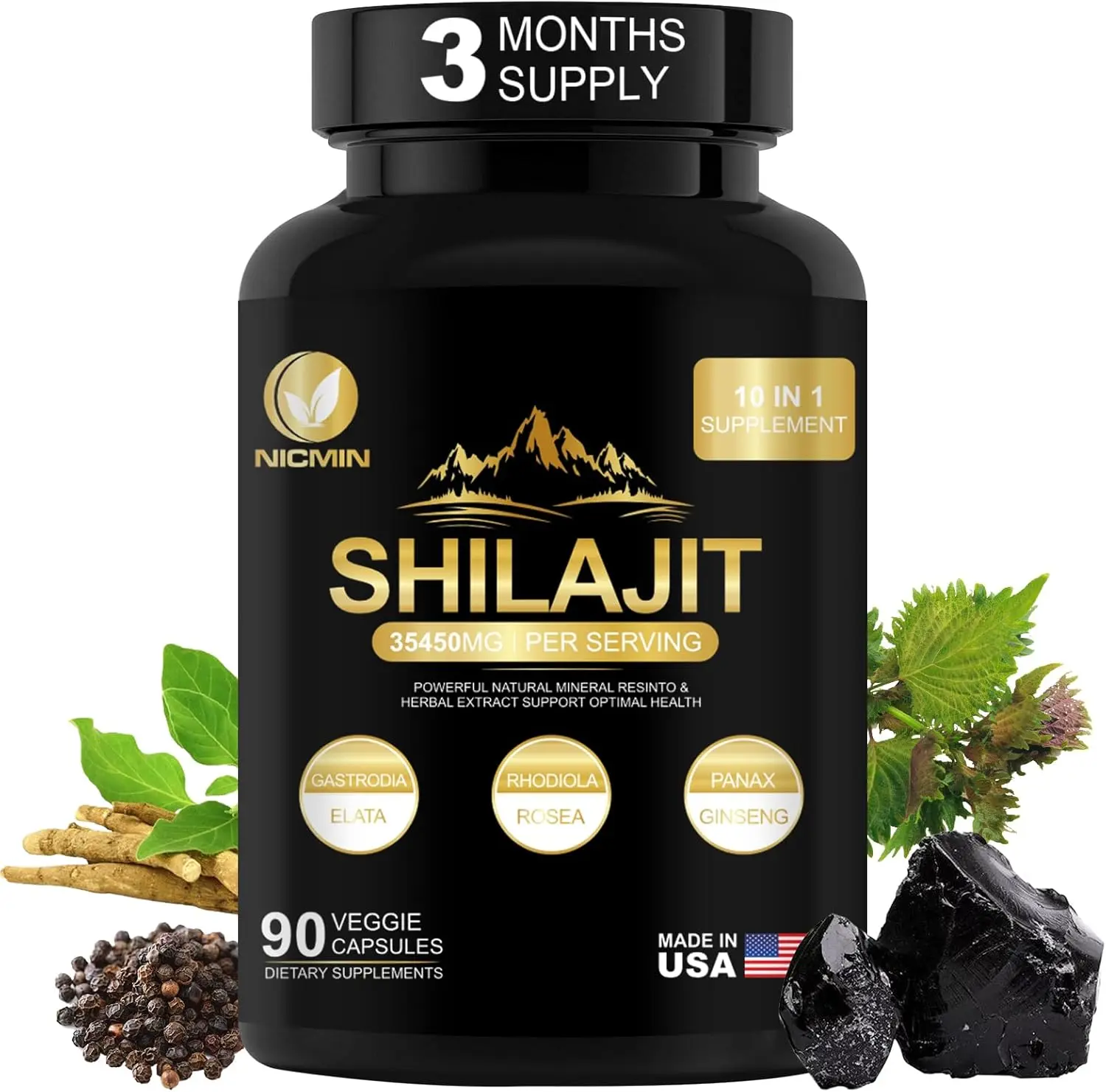 10-In-1 Pure Himalayan Organic Shilajit Supplement 25000MG Shilajit for Men with Ashwagandha, Rhodiola Rosea & Black Pepper for Energy 90 Capsules