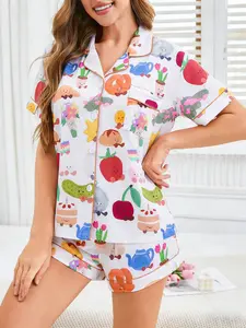 Women's 2-Piece Cute Cartoon Food Print Pajama Set, Short Sleeve & Shorts, Soft Bread Strawberry Cake Pattern, Kawaii Ins Style Lapel Button Down Loungewear, Breathable & Skin-Friendly Nightwear, All-Season Casual Home Outfit