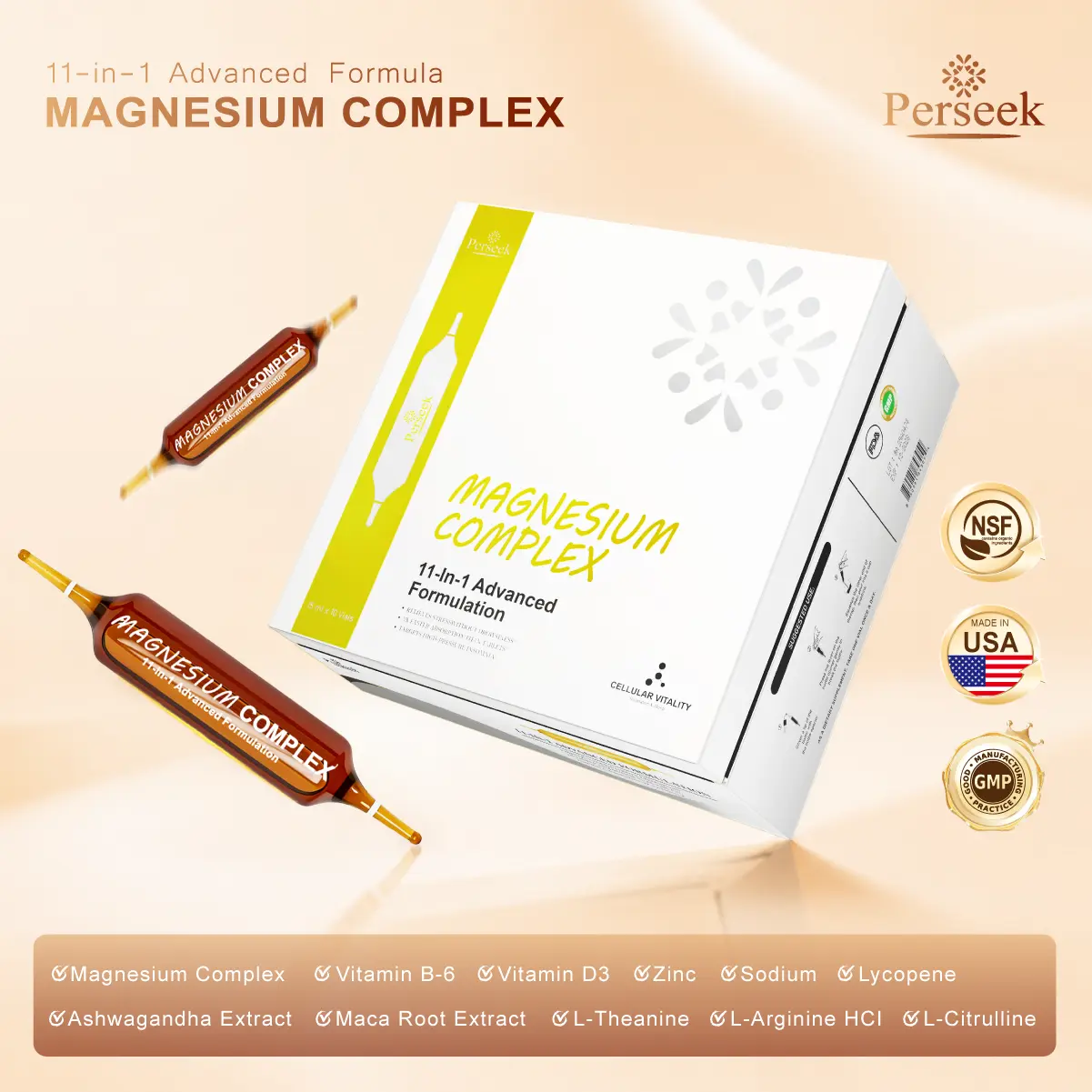 PERSEEK Edible Fast-Absorbing Magnesium Vitamin Supplement - 3x Faster Absorption, Stress Relief, No Drowsiness, 15mL x 10 Vials, Antioxidant Nutritional Support, Daily Nutrition Boost Fitness