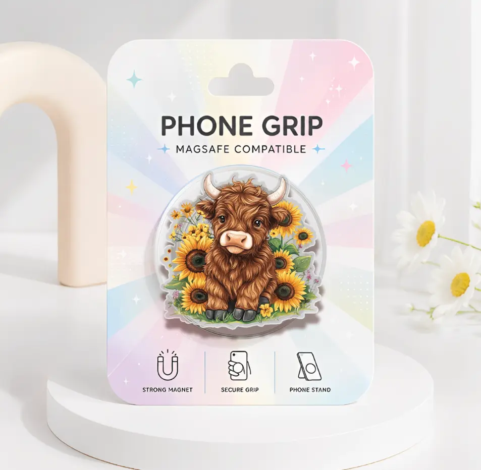 Sunflower Highland Cow Phone Grip MagSafe, Fall Western Cow Acrylic Kindle Grip, Thanksgiving Farm Cow Phone Holder, Autumn Vibes Phone Accessory, Cute Gift for Halloween